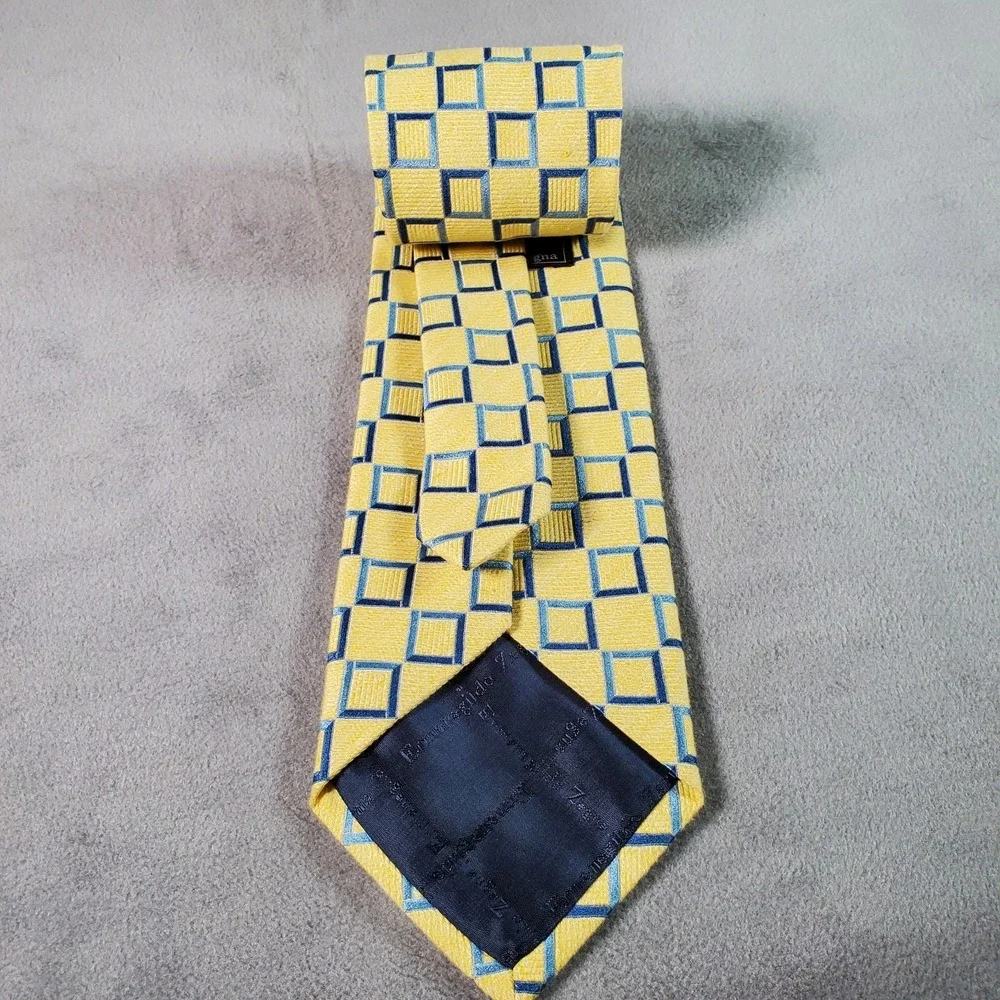 Ermenegildo Zegna Tie Mens Yellow Blue Geometric Print Silk Blend Italy Designer